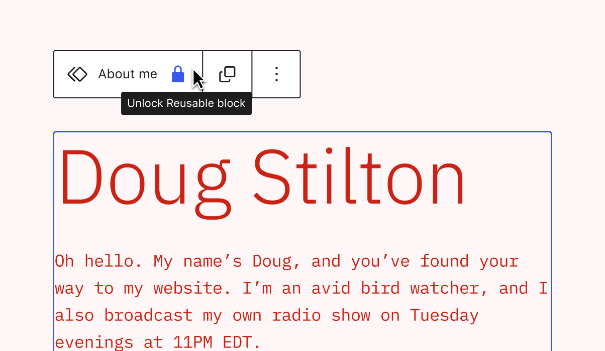 Unlocking the block in the block toolbar