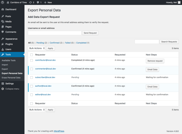A screenshot of the new Export Personal Data tools page. Several export requests are listed on the page, to demonstrate how the new feature will work.