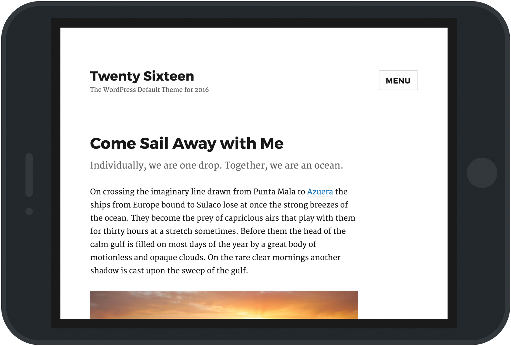 A screenshot of Twenty Sixteen set in an iPad frame