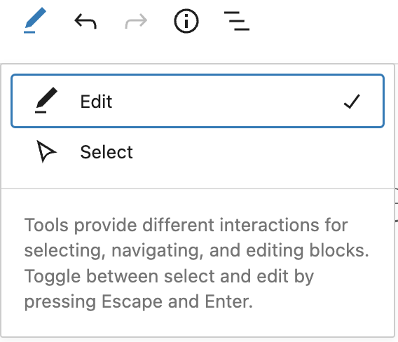 Edit/select buttons in the WordPress block editor workspace
