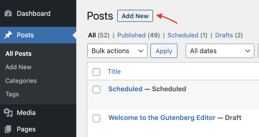 Launch the WordPress block editor by choosing 'Add new' next to 'posts'