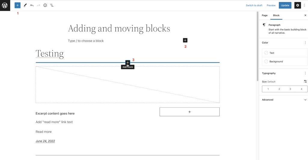 Three ways to add a block using the block inserter icon