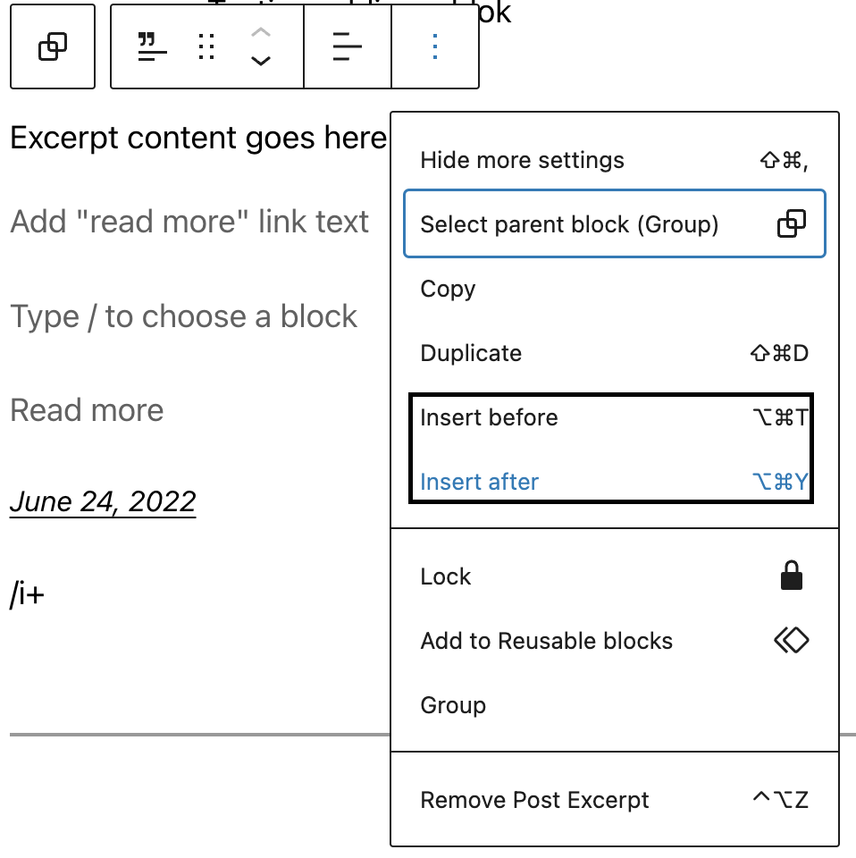 Add a block using the More options in a block toolbar