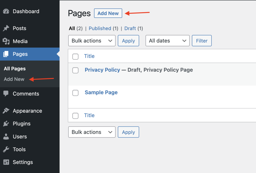 Two ways to add a new page from the WordPress administration screen.