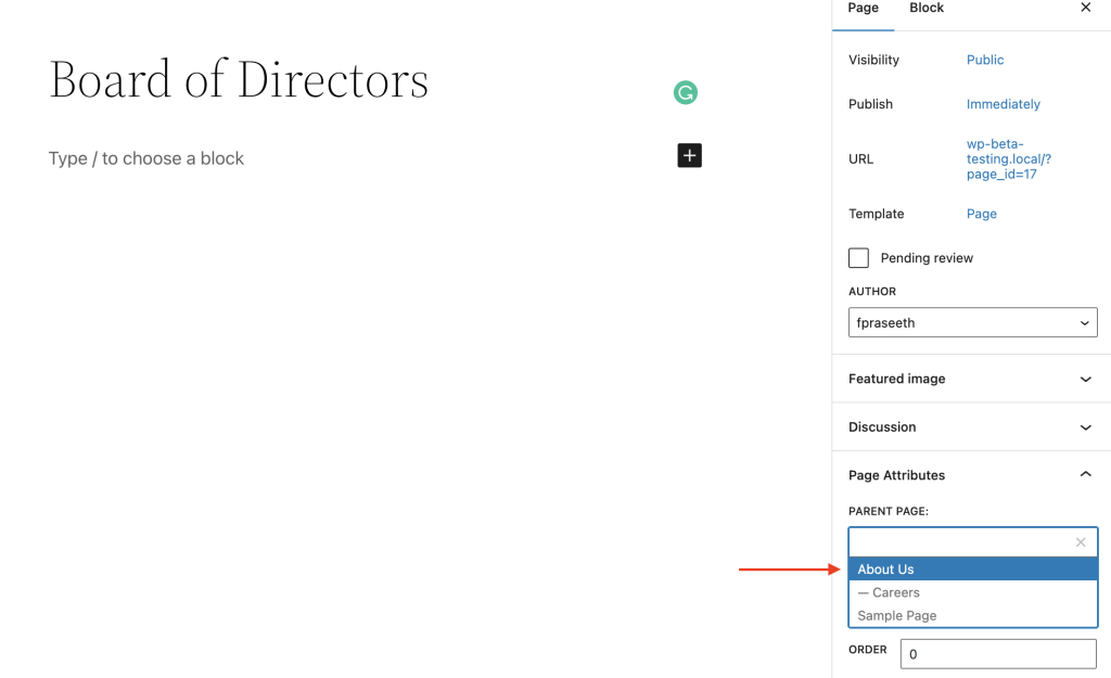 Creating sub pages Board of Directors under Parent page About Us