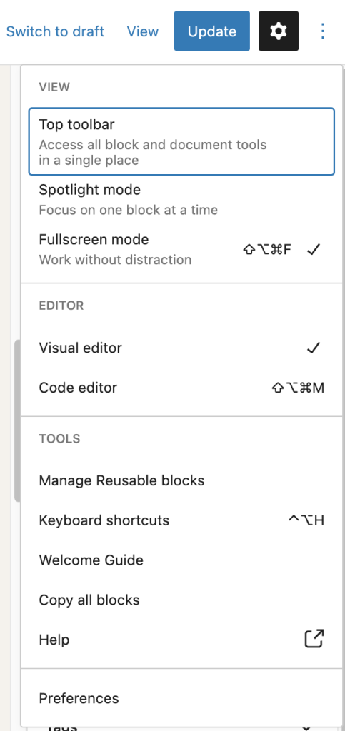 More options in the WordPress block editor include view modes and visual and code editor.